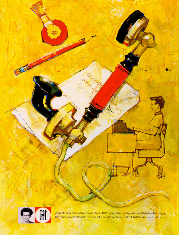 Marilyn’s promotional sheet for Studio 1030 featuring a painting depicting “the multiple duties of Marilyn Holsinger” by Bennet Norrbo