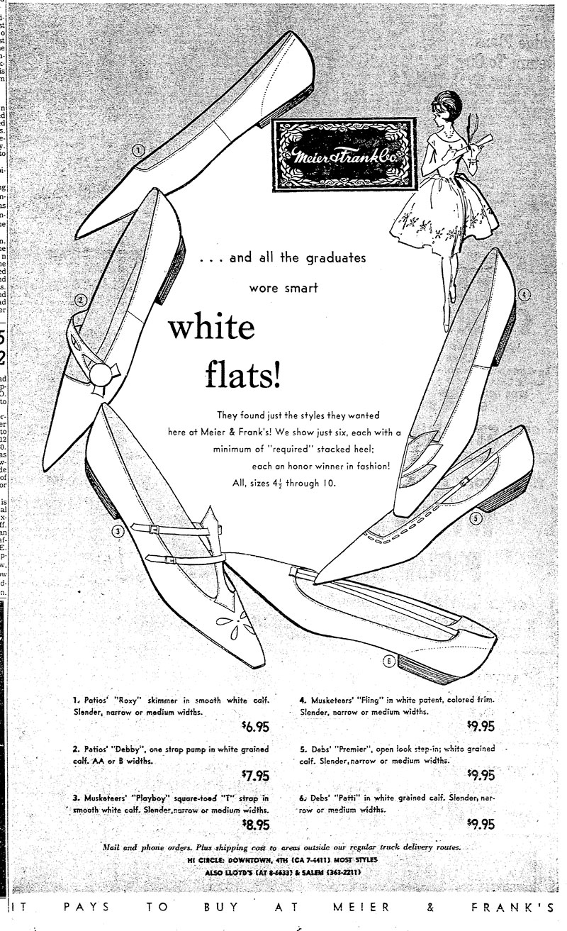 This ad for Meier & Frank was designed during the period Marilyn was employed. While I cannot verify that this was her hand, with her reputation for shoe illustration, it seems likely that it was.