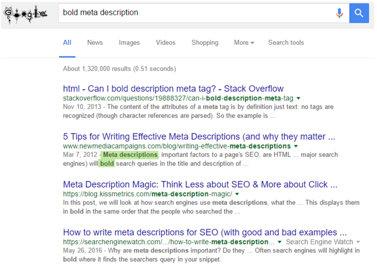search terms get bolded in meta descriptions
