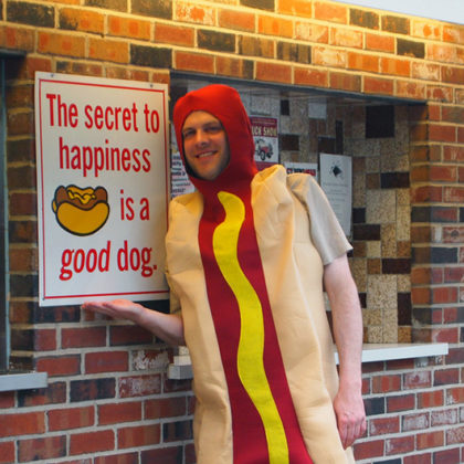 man in hot dog suit