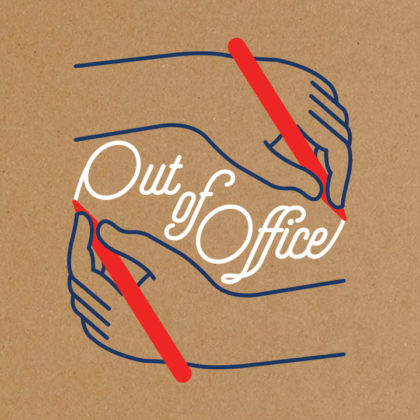 Illustration: two hands holding pens draw the words "out of office"