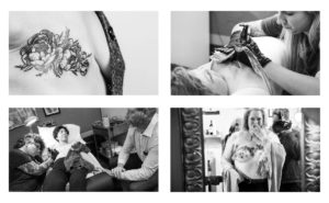 A collage of photos of mastectomy scars being tattooed.
