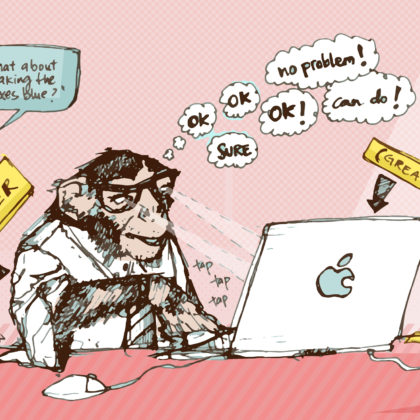 Illustration of a monkey making endless client edits within Photoshop.