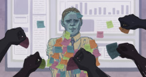 illustration of a figure covered in post-it notes, with more hands reaching forward to add another note