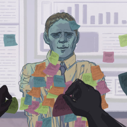 illustration of a figure covered in post-it notes, with more hands reaching forward to add another note