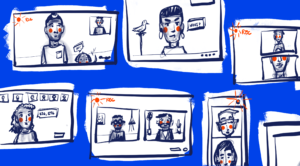 multiple illustrated screens of people on video calls against a blue background
