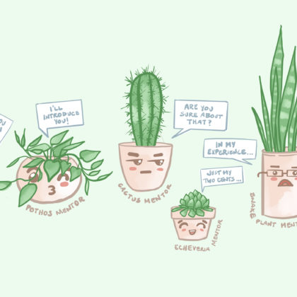 illustration of potted plants, each with speech bubbles. aloe says "do you need a hug?" pothos says "I'll introduce you!" cactus asks "are you sure about that?" echeveria says "just my two cents" snake plant says "in my experience..." and venus fly trap says "ahhh I feel you"