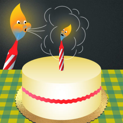 a cake sits on a gingham tablecloth with one candle on top. to the left, another candle actively blows at the cake candle.