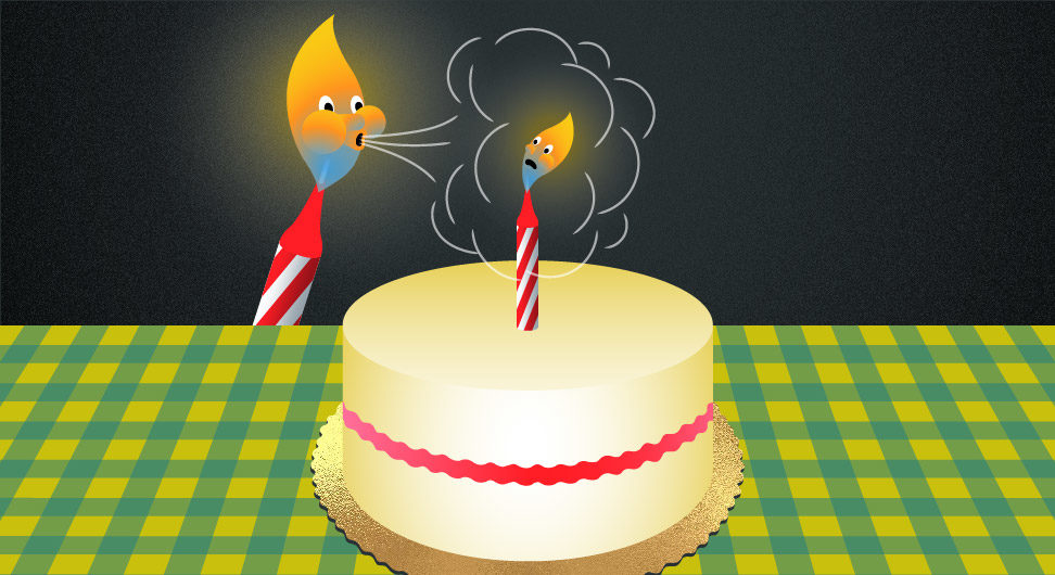 a cake sits on a gingham tablecloth with one candle on top. to the left, another candle actively blows at the cake candle.
