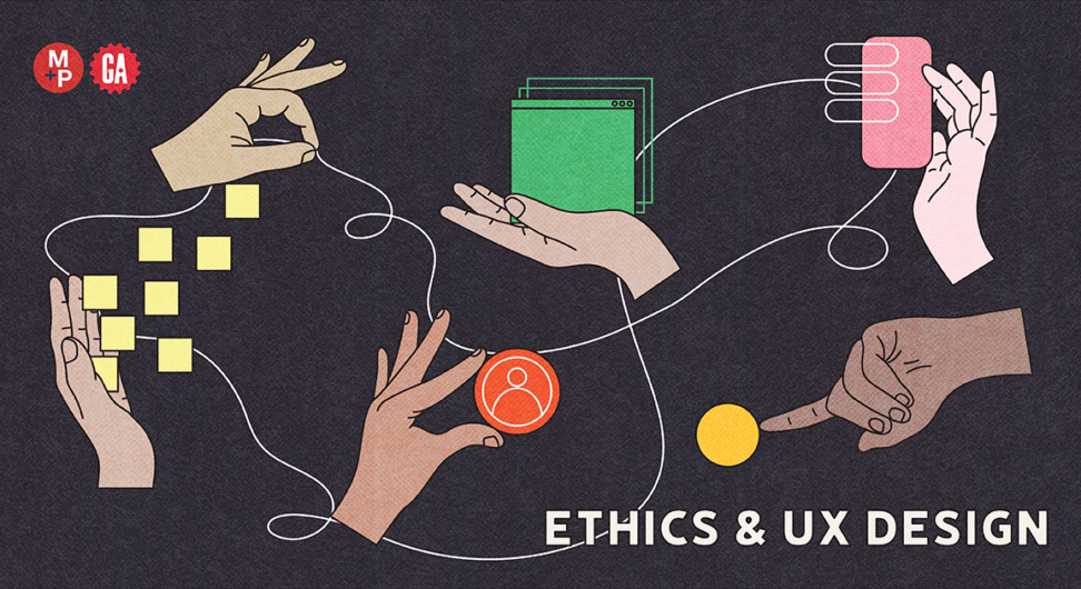 an illustration of different colored hands holding icons and aspects of digital design with text reading "Ethics and UX Design"