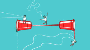 illustration of a tightrope formed between two plastic cups, with human figures sitting on or inside or hanging from the cups, as well as a human figure walking the tightrope