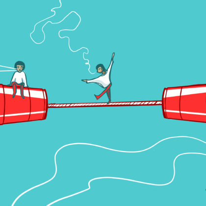 illustration of a tightrope formed between two plastic cups, with human figures sitting on or inside or hanging from the cups, as well as a human figure walking the tightrope