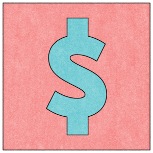 Blue cash dollar sign with a pink graphic background.