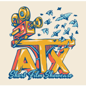 Animated yellow and blue flyer with vintage film camera and blue bats on top of the text reading ATX Short Film Showcase