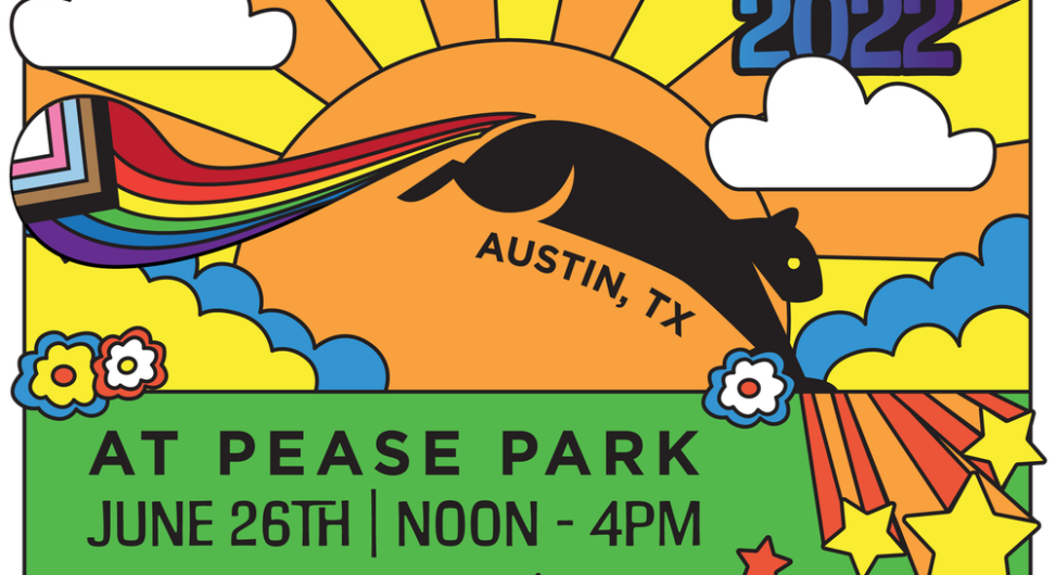 A vibrant rainbow Pride picnic at Pease Park flyer with red, orange, and yellow graphic stars with white clouds and a setting orange sun with large rays in the back round