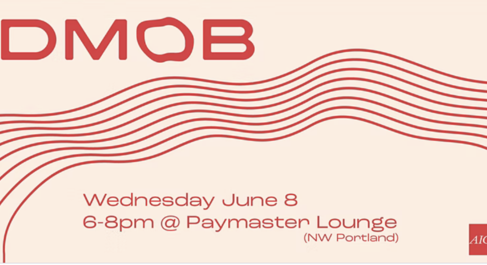 Red waves with a cream background flyer for AIGA Portland DMOB even