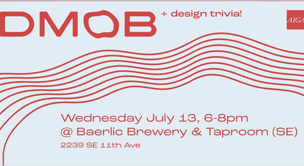 Red waves with a baby blue background flyer for AIGA Portland DMOB event