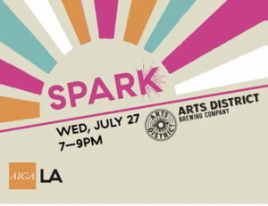 AIGA LA event flyer with light blue, orange, white, and pink beams imitating the sun with the event title SPARK in the center.