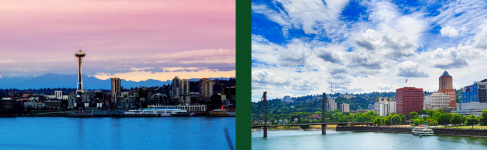 A partly-cloudy sunny day in Portland, Oregon with a view from the east side of the city of the downtown buildings collected along side the waterfront of the Columbia river.