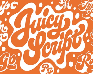 Juicy Script Lettering in orange and white.
