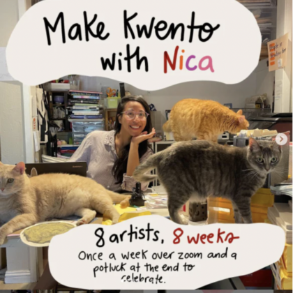 Nica, a kwento artist, and three cats climbing on a table.