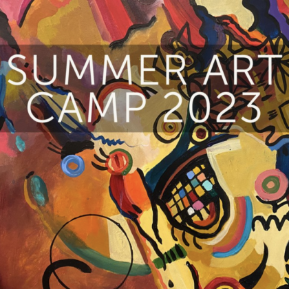 the term "Summer Art Camp 2023" layered an abstract art painting.