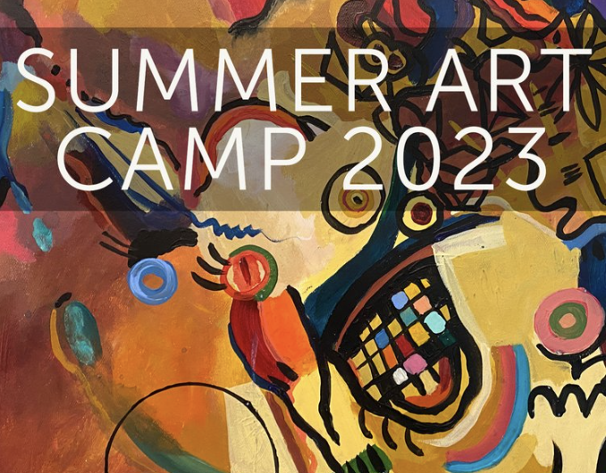 the term "Summer Art Camp 2023" layered an abstract art painting.