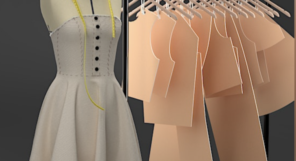 A headless and armless mannequin dressed in a white dress with a tape measure draped over the chest; standing next to a rack of hanging pattern pieces.