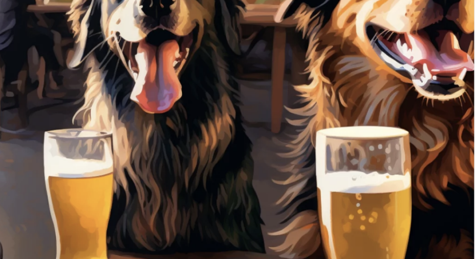 Two dogs with two beers.